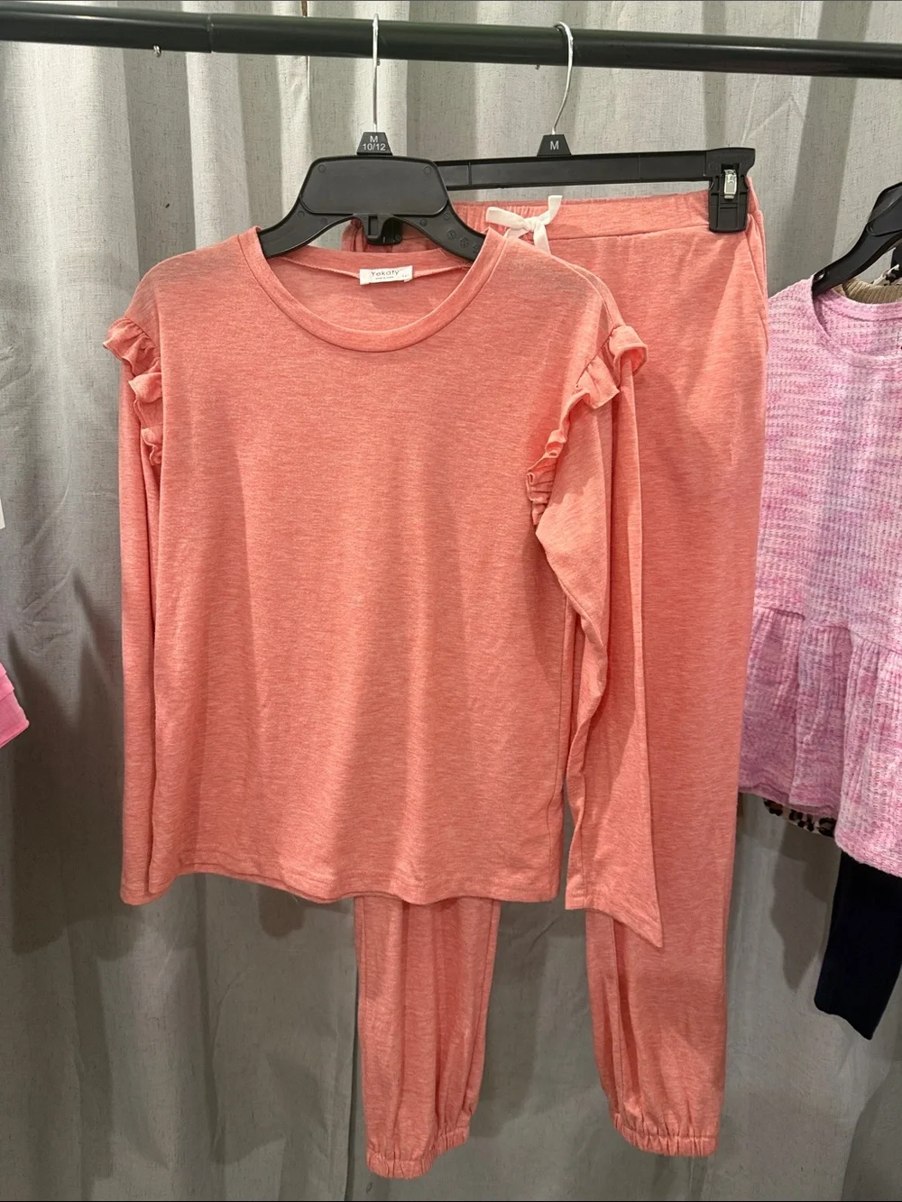 Coral Pink Ruffle Shoulder Lounge Set